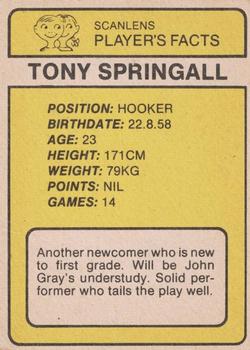 1981 Scanlens #138 Tony Springall Back